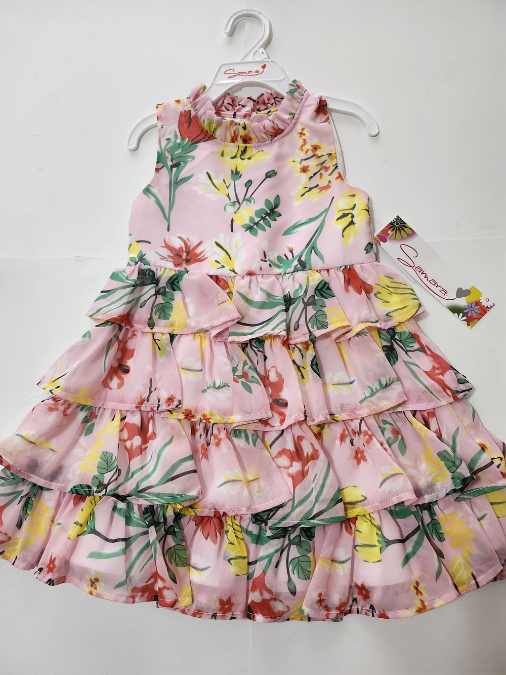 Samara Girls Pink Floral Tiered Ruffle Dress